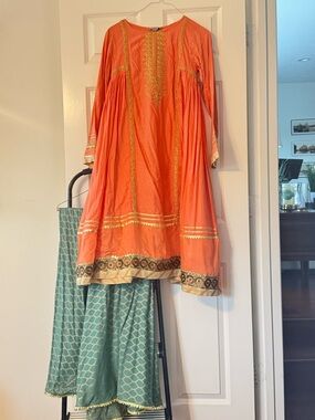 Girls' Coral-Orange Formal Dress with Gold Embroidery